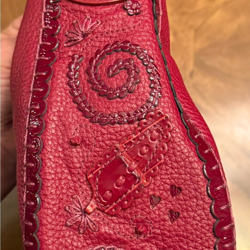Brighton Ivanka Hobo Red Pebbled Leather Women's Purse With Paisley Accents - Picture 5 of 13